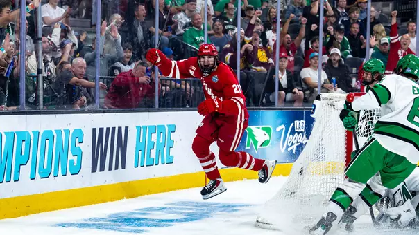 Ryan Botterill celebrates his NCAA Frozen Four semifinal game-wining goal against North Dakota