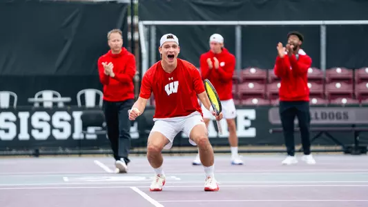 Patrik Meszaros celebrates after point against Samford