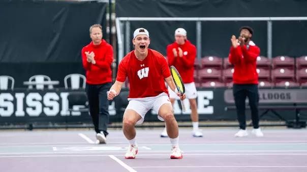 Patrik Meszaros celebrates after point against Samford