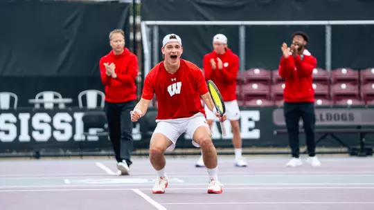 Patrik Meszaros celebrates after point against Samford