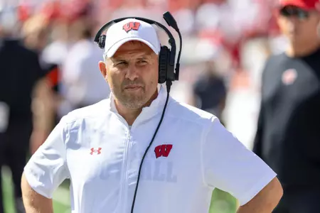 Wisconsin Badgers Defensive Coordinator Mike Tressel looks on prior to NCAA college football game against the Alabama Crimson Tide, Saturday, Sept. 14, 2024, in Madison, Wis. The Crimson Tide won 42-10. (Photo by David Stluka/Wisconsin Athletic Communications)
