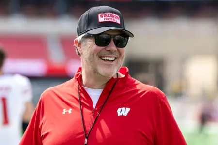 Wisconsin Badgers Offensive Coordinator Jeff Grimes looks on during spring football game, Saturday, April, 19, 2025, in Madison, Wis. (Photo by David Stluka/Wisconsin Athletic Communications)