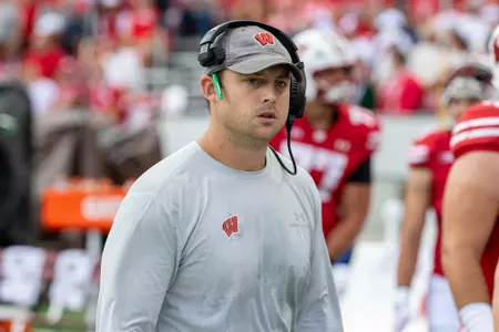 Wisconsin Badgers assistant coach Jack Cooper looks on during a Big Ten Conference NCAA college football game against the Maryland Terrapins, Sat., Sept. 20, 2025, in Madison, Wis. The Terrapins won 27-10. (Photo by David Stluka/Wisconsin Athletic Communications)