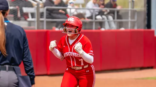 Kendra Lewis celebrates after hitting a HR versus Rutgers.