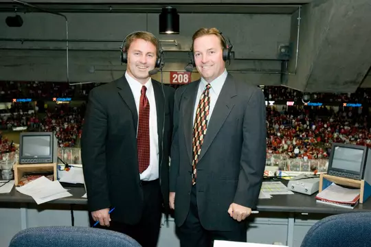 MADISON, WI - OCTOBER 21: TV announcers Robb Vogel (left) and Ron Vincent pose between periods of the Wisconsin Badgers game against the Minnesota Duluth Bulldogs at the Kohl Center on October 21, 2006 in Madison, Wisconsin. The Badgers beat the Bulldogs 5-2. Photo by David Stluka
