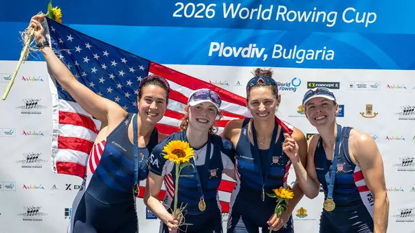 Isa Darvin (left) and Sophia Vitas (second from right) with the World Cup II gold medal winning quad sculls