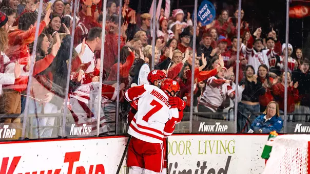 Gavin Morrissey celebrates a goal at the Kohl Center