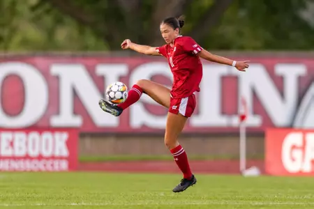 Kiara Gilmore stopping a pass midair - Wisconsin Women's Soccer vs BYU