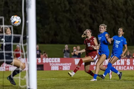 Hailey Baumann watches the ball fly into the net - Wisconsin Women's Soccer vs BYU