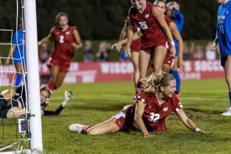 Hailey Baumann slides face first after scoring a goal - Wisconsin Women's Soccer vs BYU