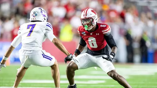 Wisconsin Badgers defensive back Jai'mier Scott (6) defends during an NCAA college football game against Western Illinois Leathernecks, Sept. 12, 2026, in Madison, Wis. The Badgers won 36-9. (Photo by David Stluka/Wisconsin Athletic Communications)
