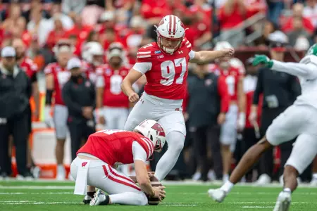 Wisconsin Badgers kicker Gavin Lahm (97) kicks a field goal during an NCAA college football game against Eastern Michigan Eagles, Sept. 19, 2026, in Madison, Wis. The Badgers won 54-10. (Photo by David Stluka/Wisconsin Athletic Communications)