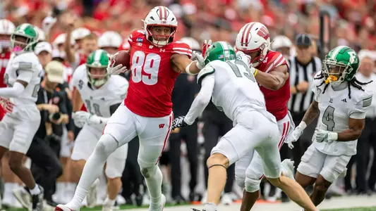 Wisconsin Badgers tight end Jacob Harris (89) carries the ball during an NCAA college football game against Eastern Michigan Eagles, Sept. 19, 2026, in Madison, Wis. The Badgers won 54-10. (Photo by David Stluka/Wisconsin Athletic Communications)