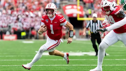 Wisconsin Badgers quarterback Colton Joseph (1) scores a rushing touchdown during a an NCAA college football game against Eastern Michigan Eagles, Sept. 19, 2026, in Madison, Wis. The Badgers won 54-10. (Photo by David Stluka/Wisconsin Athletic Communications)