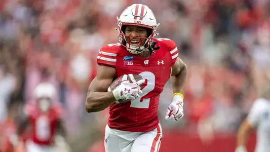Wisconsin Badgers wide receiver Chris Brooks Jr. (2) scores a touchdown during a an NCAA college football game against Eastern Michigan Eagles, Sept. 19, 2026, in Madison, Wis. The Badgers won 54-10. (Photo by David Stluka/Wisconsin Athletic Communications)
