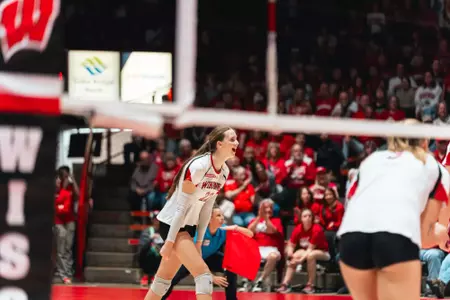 Audrey Flanagan shouts in celebration during Wisconsin’s match against Oregon.