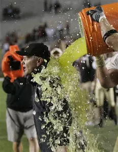 Wake Forest head coach Jim Grobe is doused with Gatorade following the Deacons' 30-0 win over Florida State.