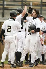 Sophomore Weldon Woodall celebrating his first career home run in the 9-8 victory over Elon Wednesday.
