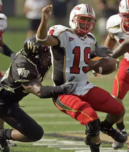 Maryland's Jordan Steffy (19) loses the ball as he is hit by Wake Forest's Aaron Curry, left, during the first quarter in a football game in Winston-Salem, N.C., Saturday, Sept. 22, 2007. (AP Photo/Chuck Burton)