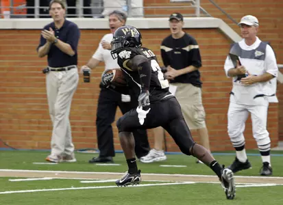 Wake Forest's Alphonso Smith returns an interception back for a touchdown during the fourth quarter of Wake Forest's 31-24 win over Maryland in a college football game in Winston-Salem, N.C., Saturday, Sept. 22, 2007. (AP Photo/Chuck Burton)