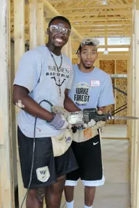 Freshmen Melvin Tabb (left) and J.T. Terrell got some hands-on experience in home building.