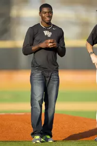 Kevin Jordan threw out the ceremonial first pitch before the game. Jordan visited Wake Forest for the first time since receiving a transplanted kidney from head coach Tom Walter.