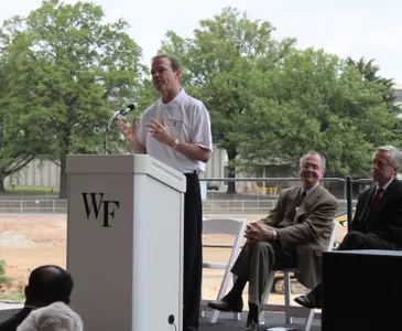 Wake Forest athletic director Ron Wellman speaks at the tennis complex groundbreaking