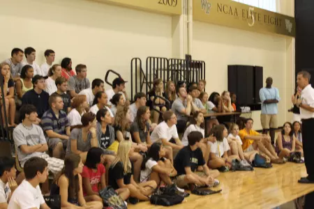 Coach Bzdelik speaks to 43 incoming freshmen.