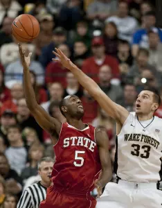 Wake Forest's Carson Desrosiers defends NC State's C.J. Leslie.