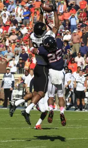Brandon Terry hauls in a 41-yard pass with 6 seconds remaining in the first half. This catch, Terry's only one of the game, set up the first of Chad Hedlund's three field goals which gave the Demon Deacons a 10-7 lead.