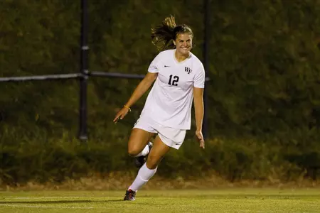 Katie Stengel celebrates one of her two goals against Georgia Southern