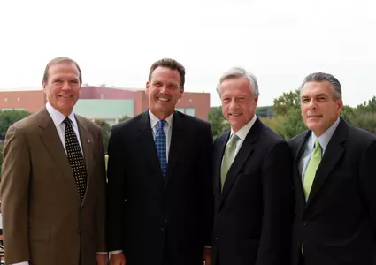 L-R: Wake Forest AD Ron Wellman, Greensboro Mayor Robbie Perkins, Winston-Salem Mayor Allen Joines and Matt Brown, Managing Director of the Greensboro Coliseum Complex