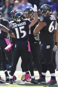 Michael Campanaro congratulates Owen Daniels after his Week 7 touchdown.