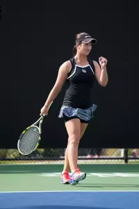Karen Forman reacts after winning a point