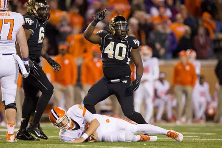 Josh Banks celebrates a sack against Clemson.