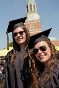 Lindsy Wright (WBK) and Kari Walkley (FH) in front of Wait Chapel on Monday.