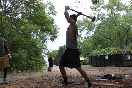 Steve Donatell showed his muscle with the sledge hammer