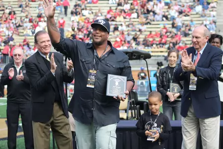 New Wake Forest Sports Hall of Fame inductee Fred Robbins is recognized at halftime of Wake Forest's Oct. 24, 2015 game against NC State.