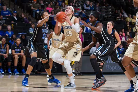 Dearica Hamby (25) of the Wake Forest Demon Deacons drives to the basket during first half action against the Duke Blue Devils at the LJVM Coliseum on February 5, 2015 in Winston-Salem, North Carolina. The Blue Devils defeated the Demon Deacons 70-53. (Brian Westerholt/Sports On Film)