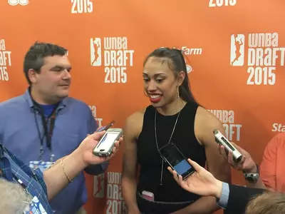 Dearica Hamby answers questions at the WNBA Draft.