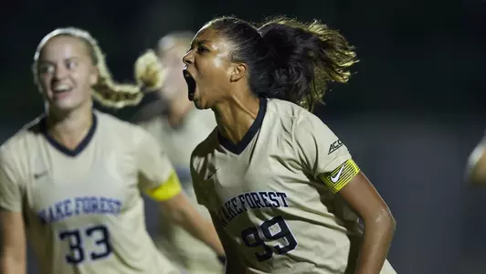 Madison Hammond (99) of the Wake Forest Demon Deacons celebrates after scoring a goal on a penalty kick late in the second half of play against the Virginia Cavaliers at W. Dennie Spry Stadium on the campus of Wake Forest University on September 20, 2019 in Winston-Salem, North Carolina. The Demon Deacons and the Cavaliers played to a 1-1 draw.