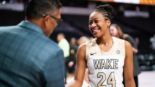Jewel Spear with Mit Shah Postgame after the Demon Deacons win over Louisville on Jan. 26, 2023