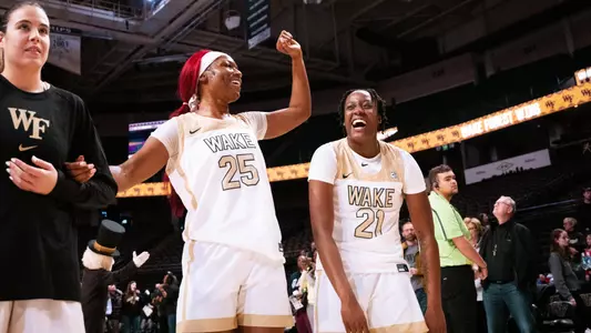 Elise Williams and Demeara Hinds postgame after a win over Georgia Tech