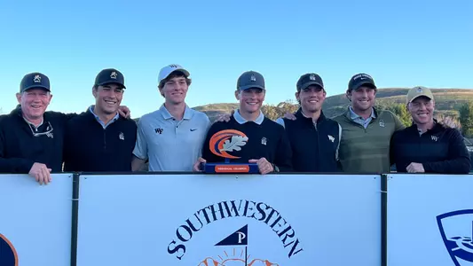 Michael Brennan and the Wake Forest men's golf team following Brennan's victory at the 2023 Southwestern Invitational at North Ranch Country Club in Westlake Village, Calif. on Jan. 31, 2023