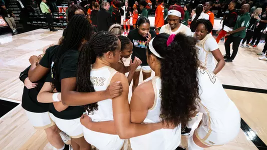 Wake Forest women's basketball huddle following a win over Miami on Sunday, Dec. 29, 2023