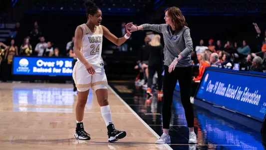 Megan Gebbia and Jewel Spear during the win over Clemson on Sunday, Feb. 5, 2023