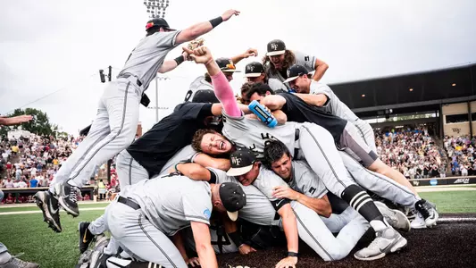 Dogpile after the Wake Forest baseball team defeated No. 16 seeded Alabama in the second game of the 2023 Super Regional on Sunday, Jun 11, 2023