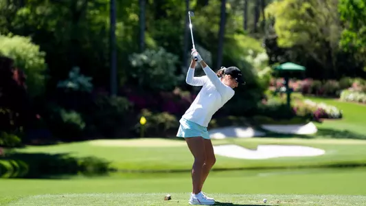 Rachel Kuehn of the United States plays her stroke from the No. 12 tee during a practice round for the Augusta National Women's Amateur at Augusta National Golf Club, Friday, April 5, 2024.