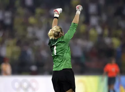United States' Hope Solo celebrates the opening goal during their women's soccer