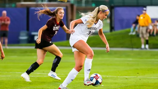 The University of Washington women's soccer team defeat Arizona 3-2 in double overtime on October 13, 2019. (Photography by Scott Eklund/Red Box Pictures)